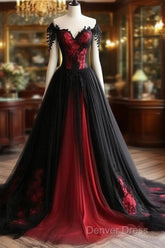 Black And Red Lace Tulle Off Shoulder Prom Dresses, Black And Red Formal Dresses