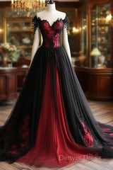 Black And Red Lace Tulle Off Shoulder Prom Dresses, Black And Red Formal Dresses