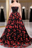 Black and Red Off Shoulder Floral Tulle Prom Dress, Floor Length Prom Dresses