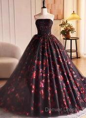 Black And Red Tulle Floral Sweet 16 Dresses, Black And Red Party Dresses Prom Dresses