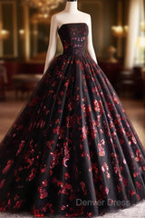 Black And Red Tulle Floral Sweet 16 Dresses, Black And Red Party Dresses Prom Dresses