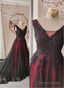 Black And Red Tulle V-Neckline Beaded Prom Dress, Black And Red Prom Dresses