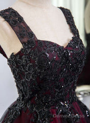 Black And Red Tulle With Black Lace Applique Prom Dress, Black Tulle Sweet 16 Dress