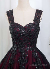 Black And Red Tulle With Black Lace Applique Prom Dress, Black Tulle Sweet 16 Dress