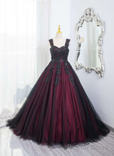 Black And Red Tulle With Black Lace Applique Prom Dress, Black Tulle Sweet 16 Dress