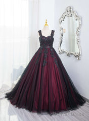 Black And Red Tulle With Black Lace Applique Prom Dress, Black Tulle Sweet 16 Dress