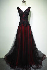 Black and Red V-Neck Tulle Long Prom Dress, Lace Evening Dress