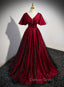 Black and Red V Neckline Long Satin Prom Dress,Chic Long A Line Prom Dresses
