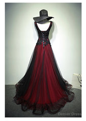 Black and Tulle V-neckline Beaded Lace Long Party Dress, A-line Prom Dress Evening Dresses