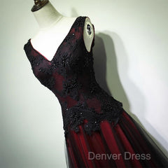 Black And Tulle V-Neckline Beaded Lace Long Party Dresses, A-Line Prom Dresses Evening Dressess