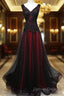 Black And Tulle V-Neckline Beaded Lace Long Party Dresses, A-Line Prom Dresses Evening Dressess