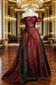 Black and Wine Red Satin Off Shoulder Prom Dress, A Line Long Prom Dresses