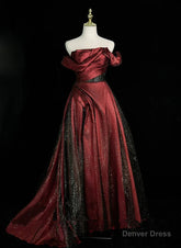 Black and Wine Red Satin Off Shoulder Formal Dress, A-line Long Prom Dress