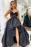Black Appliques Hi Low Straps Long Prom Dresses