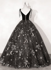 Black Ball Gown Floral V-neckline Straps Sweet 16 Dress, Black Tulle Formal Dress