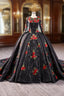 Black Ball Gown Long Sleeve Flower Prom Dresses
