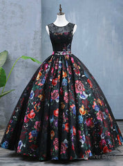 Black Ball Gown Satin Print Lace Backless Quinceanera Dresses