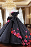 Black Ball Gown Strapless Flower Prom Dresses