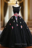 Black Ball Gown Tulle Bateau Backless Appliques Sweet 16 Dresses