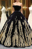 Black Ball Gown Velvet Gold Appliques Backless Long Haute Couture Prom Dresses