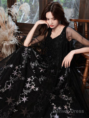 Black Beaded Straps A-Line Floor Length Party Dress, Black Tulle Long Prom Dress