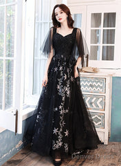 Black Beaded Straps A-Line Floor Length Party Dress, Black Tulle Long Prom Dress