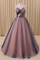 Black & Champagne V Neck Simple Tulle Long Prom Dress