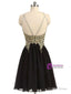Black Chiffon Homecoming Dress,Gold Beading Lace Halter Graduation Dresses