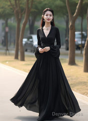 Black Chiffon Long Sleeves V-Neckline Party Dress, Black Formal Dress Evening Dress