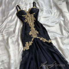 Black Elegant Sweetheart Neck Lace Chiffon Spaghetti Strap Sequin Prom Dress