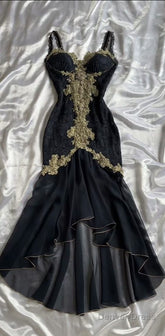 Black Elegant Sweetheart Neck Lace Chiffon Spaghetti Strap Sequin Prom Dress