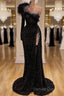 Black Evening Dresses High Neck Side Split Long Sleeve Mermaid Prom Dresses Feather Beaded Sexy Special Occasion Gowns