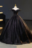 Black Floor Length V Neck Off the Shoulder Prom Dress, Black A Line Prom Dresses