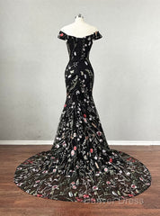 Black Floral Lace Mermaid Off Shoulder Long Party Dresses, Black Evening Dresses Prom Dresses