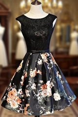 Black Floral Satin and Lace Round Neckline Short Party Dresses Prom Dresses, Black Homecoming Dresses