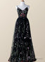 Black Floral Tulle A-Line V-Neckline Long Prom Dress, Black Evening Dress Party Dress