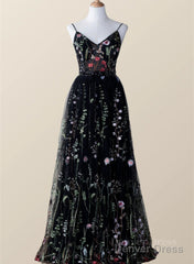 Black Floral Tulle A-Line V-Neckline Long Prom Dress, Black Evening Dress Party Dress