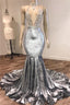 Black Girl Prom Dress Open Back Silver Velvet Prom Dresses Cheap | Mermaid Sexy V-Neck Crystals Appliques Prom Gown