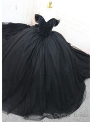 Black Gothic Beading Off-The-Shoulder Ball Gown Wedding Dress Prom Dresses