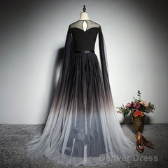 Black Gradient Round Neckline Tulle Long Formal Dress, Black Evening Gown Party Dress