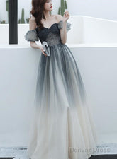 Black Gradient Sweetheart Beaded Off Shoulder Prom Dresses, A-Line Tulle Evening Dress Party Dresses