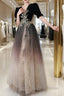 Black Gradient Tulle And Velvet Short Sleeves Prom Dress, A-Line Tulle Long Prom Dresses