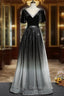 Black Gradient tulle and Velvet Short Sleeves V Neckline Tulle Prom Dress, Black Tulle Prom Dresses