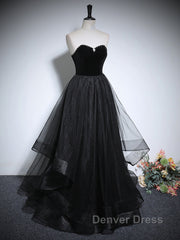 Black Haler Tulle And Velvet Long Prom Dresses, Black A-Line Tulle Evening Dresses