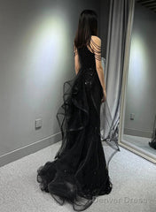 Black Halter A-Line Tulle And Sequins Evening Dress, Black Long Prom Dress Party Dress