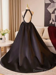 Black Halter Satin A-Line Simple Style Prom Dress, Black Satin Party Dress