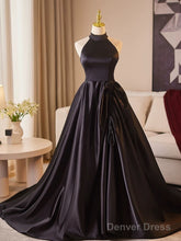 Black Halter Satin A-Line Simple Style Prom Dress, Black Satin Party Dress