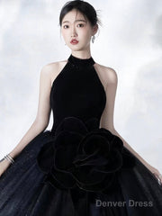 Black Halter Shiny Tulle Long Ball Gown, Black A-Line Backless Formal Dress