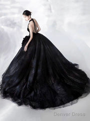 Black Halter Shiny Tulle Long Ball Gown, Black A-Line Backless Formal Dress