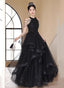 Black Halter Tulle Layers Long Prom Dress, Black Tulle Prom Dresses
